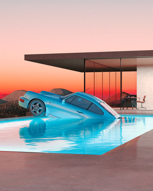 blue 964 in a pool with the lights on