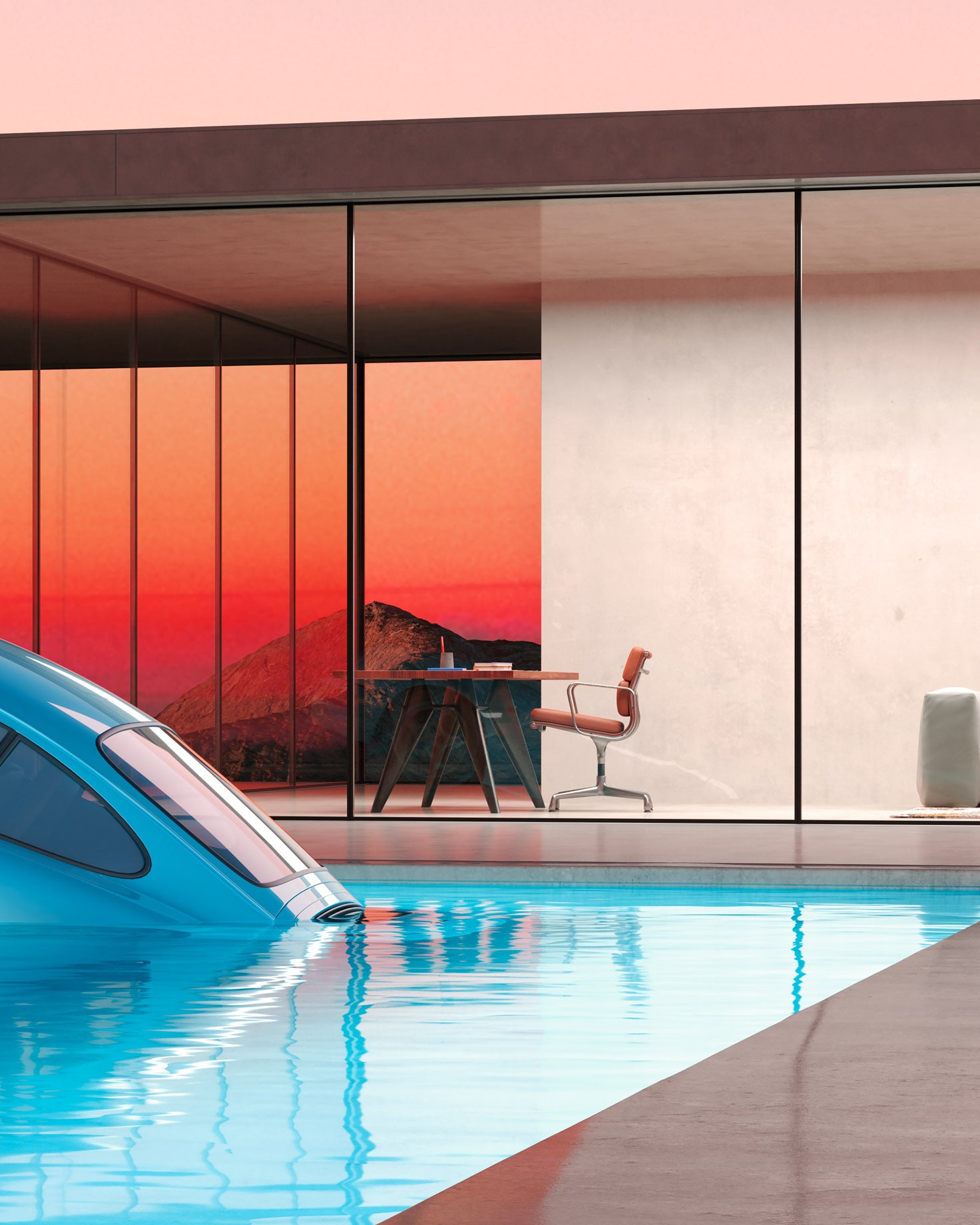blue 964 in a pool with the lights on